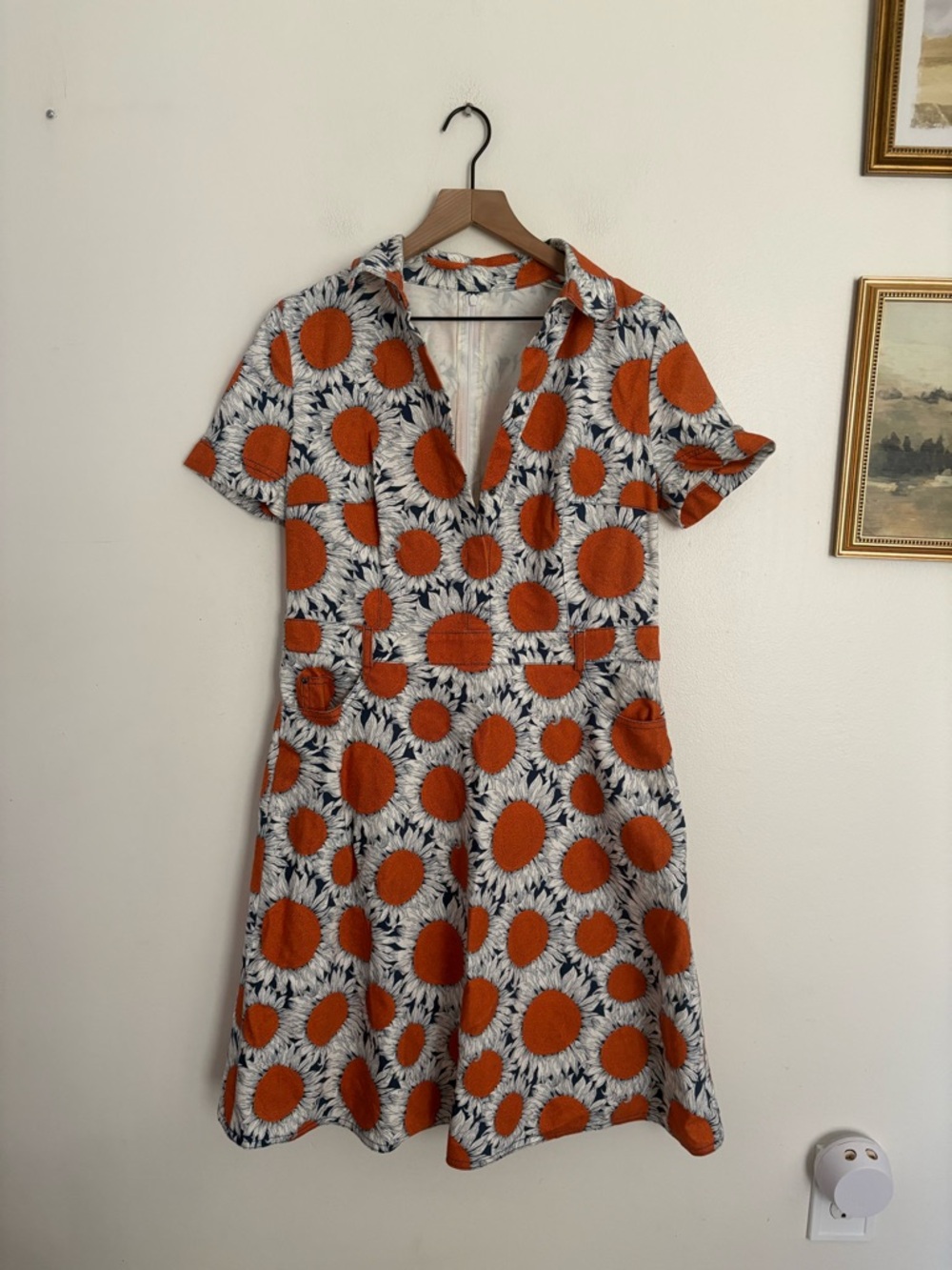 ARKIS PUNTO Floral Orange Denim Sunflower Short-Sleeve Dress Women’s Large NWOT